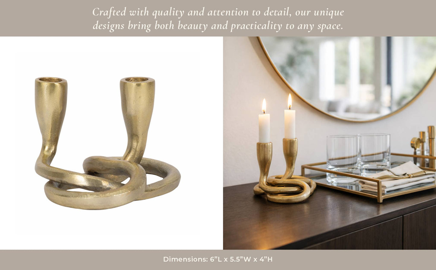 Candle Holder - Gold Metal Knotted 2-Taper, 6 in.