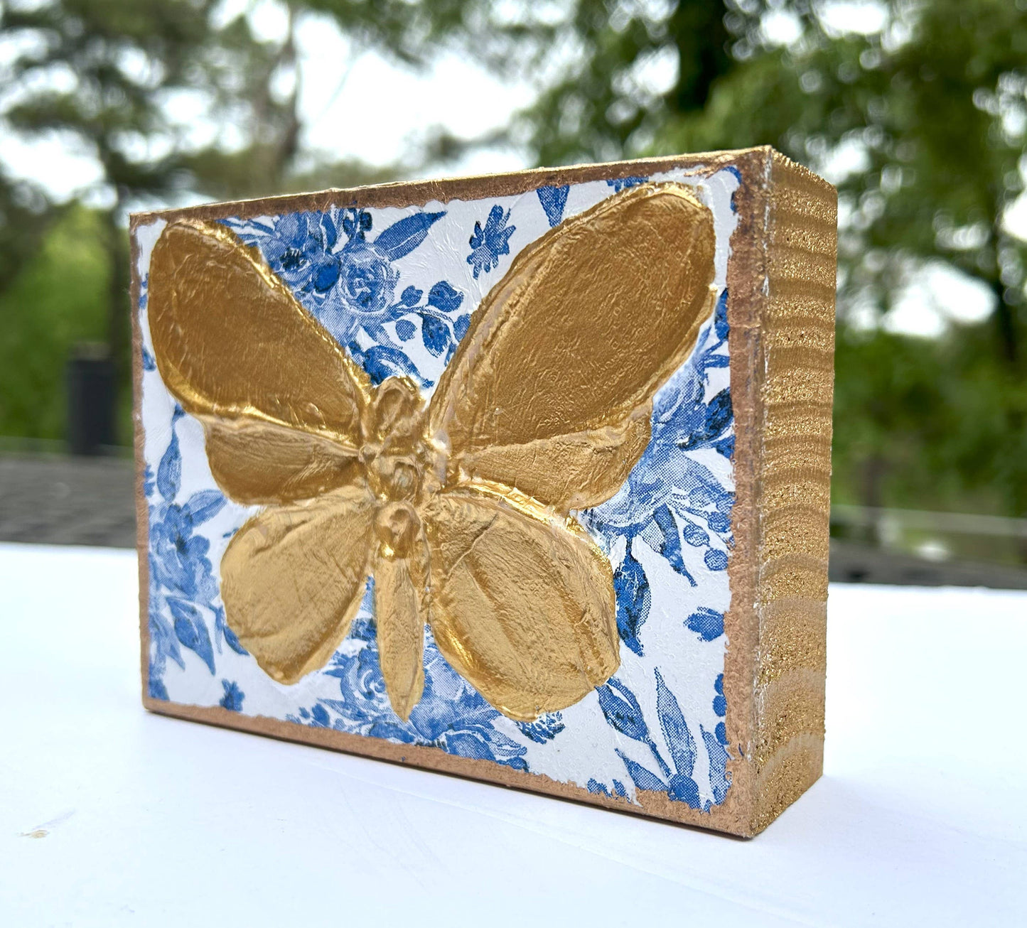Chinoiserie Art Blocks Bunny & Butterfly botanicals blue white bridal tea
