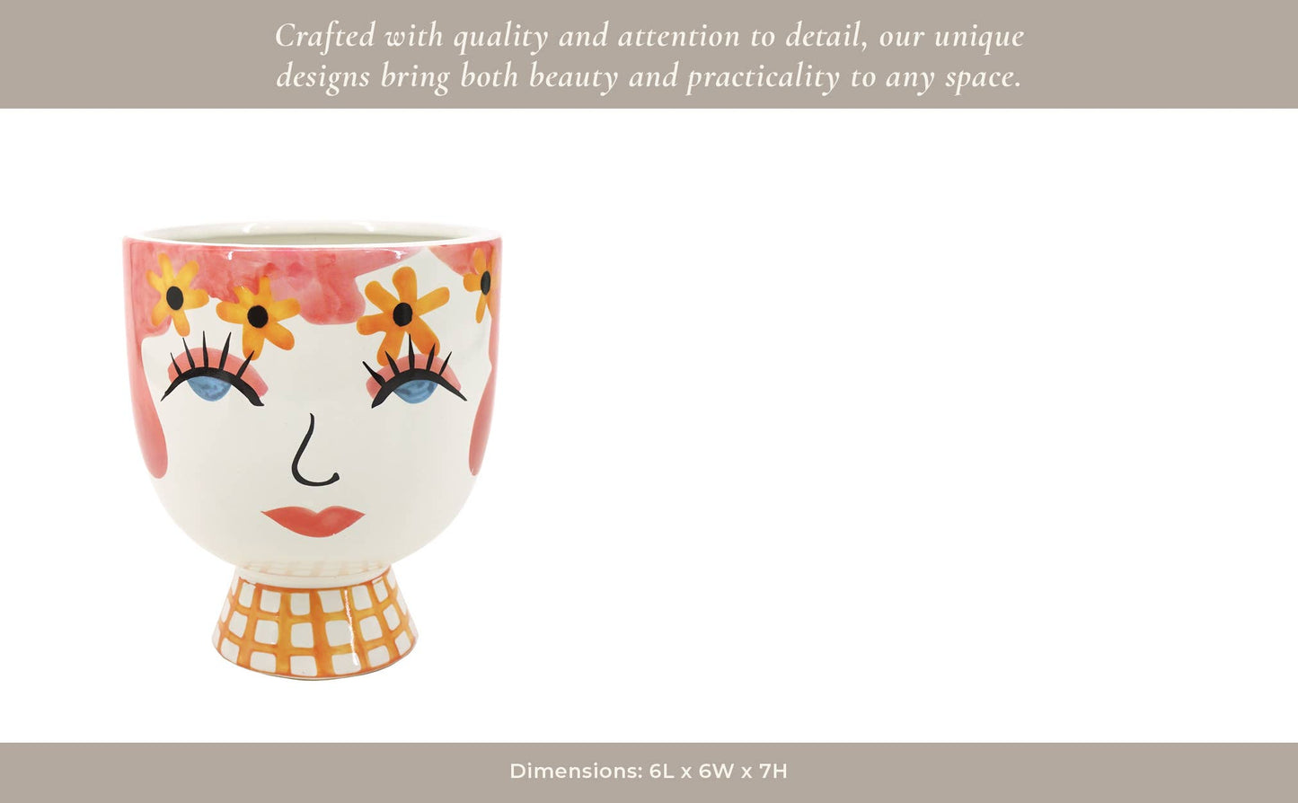 Plant Pot - Pink Ceramic Frida Face Pretty Eyelash, 7 in.