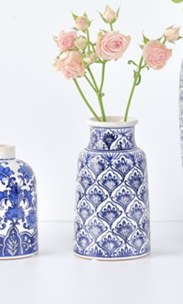 Blue and White Ceramic Vase 8 inches tall