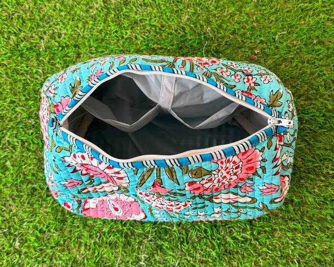 Quilted Cosmetic Bag Floral Printed Bag Cotton Bags Teal
