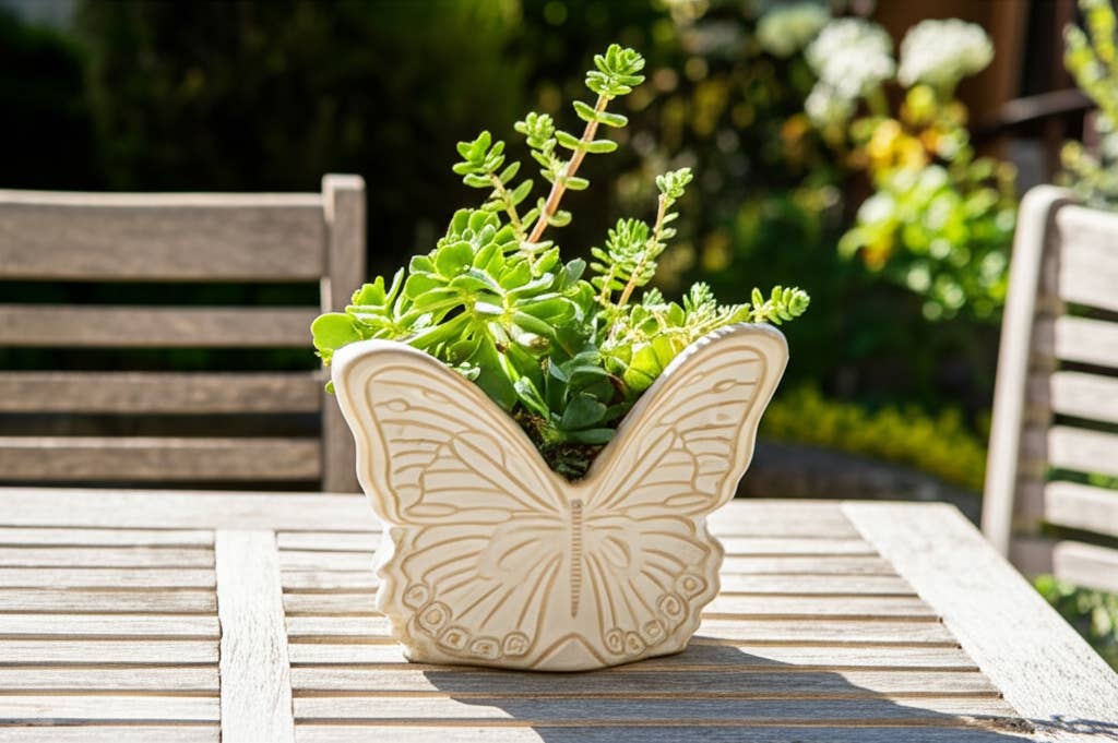 Plant Pot - Ivory Ceramic Sculpted Butterfly Swings, 7 in.