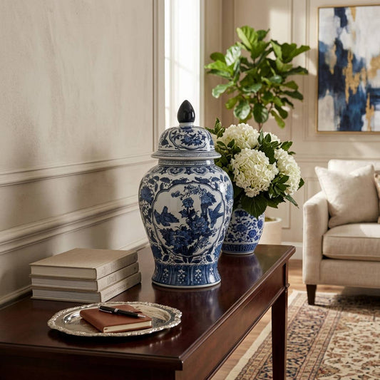 Decorative Jar - Blue Ceramic Flowers Temple Style, 19 in.