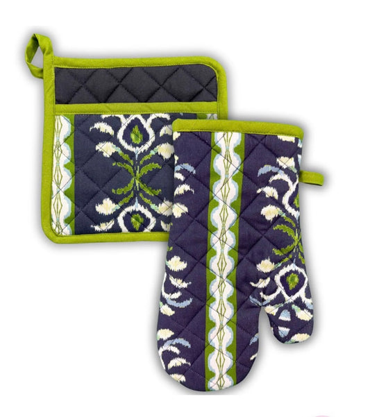 Rosemary Stripe Indigo Oven Mitt and Pot Holder Set