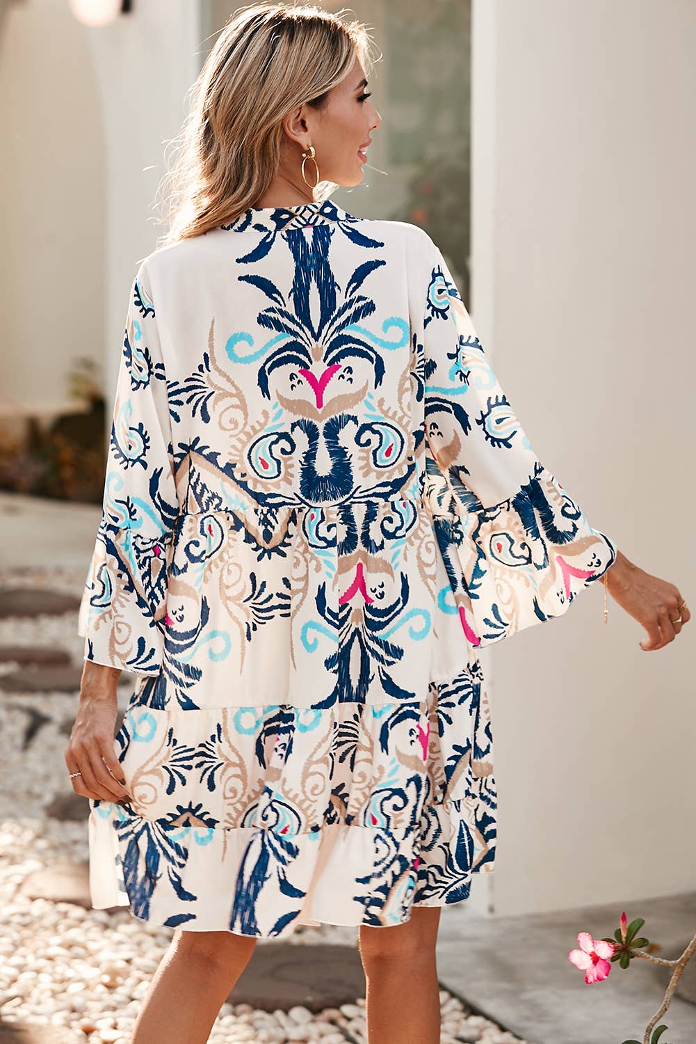 LDC Tribal Print Bracelet Sleeve Buttoned Mini Dress