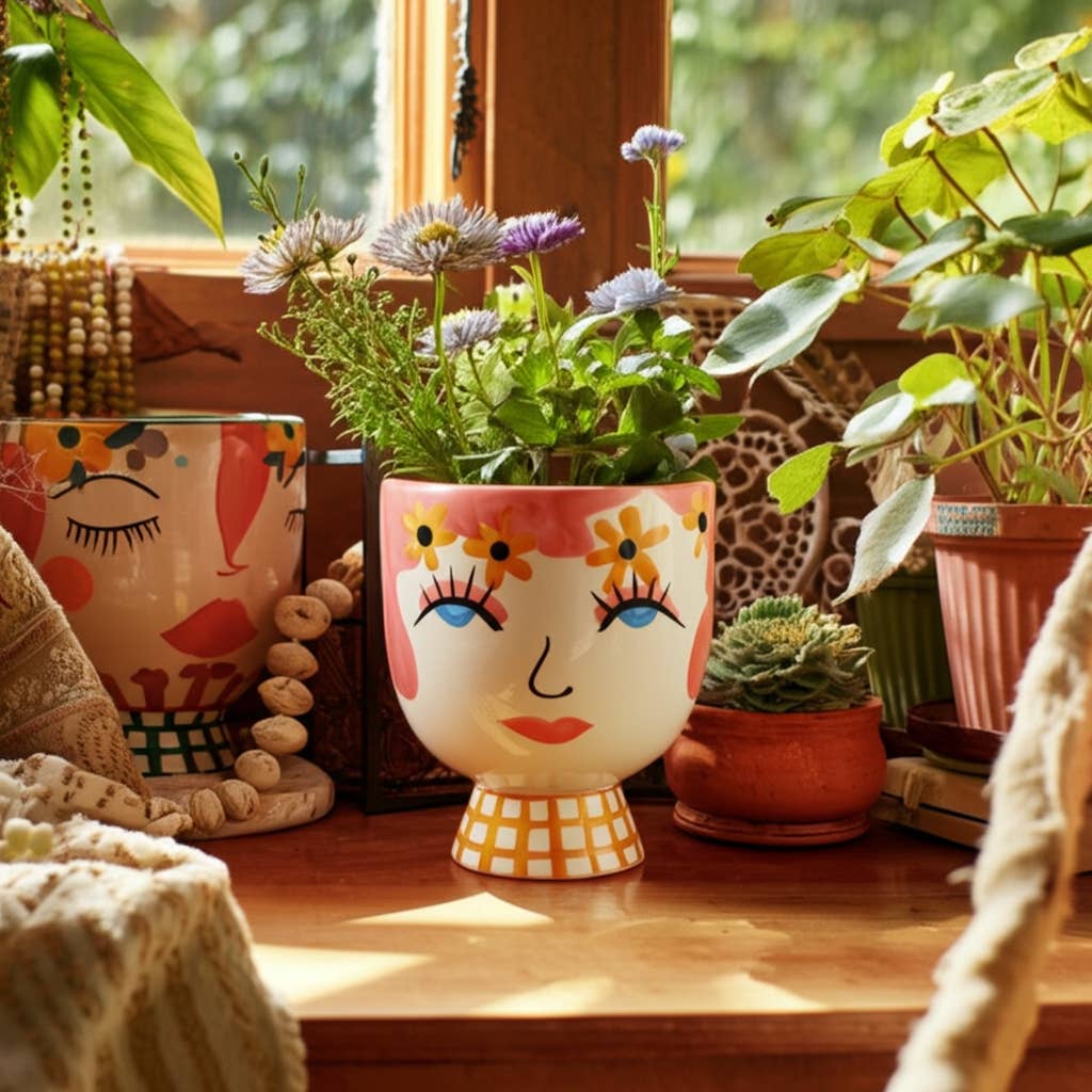 Plant Pot - Pink Ceramic Frida Face Pretty Eyelash, 7 in.