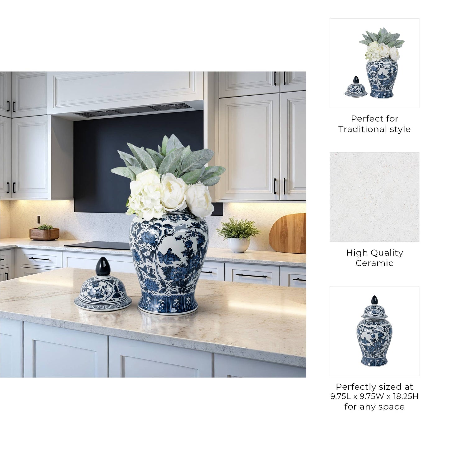 Decorative Jar - Blue Ceramic Flowers Temple Style, 19 in.