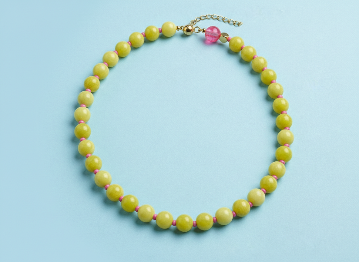 Beaded Necklace - Yellow Stone + Pink Glass Beads - Sunny