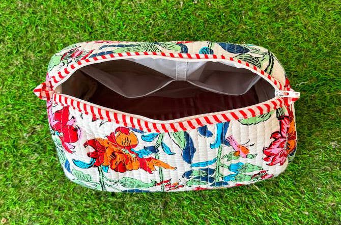 Quilted Cosmetic Bag Floral Printed Bag Cotton Bags Pink