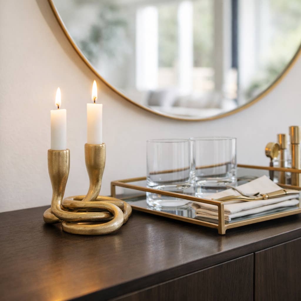 Candle Holder - Gold Metal Knotted 2-Taper, 6 in.