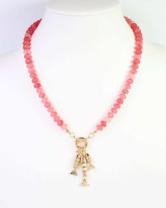 Saranac Marble Bead Fish Charm Necklace Pink