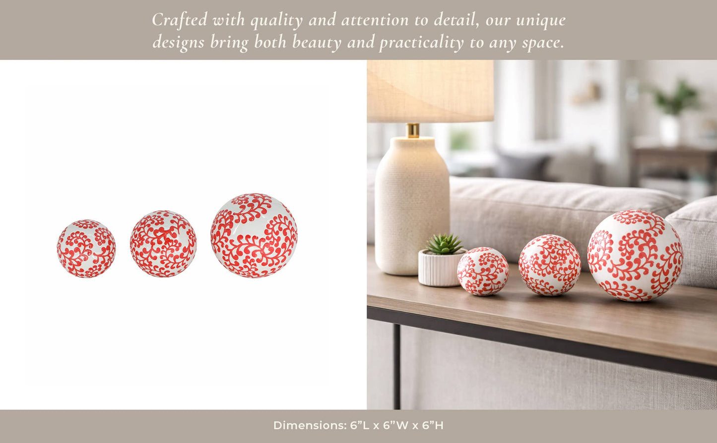 Ceramic Traditional Artistic Design Orb Set - Red, 4/5/6 in.