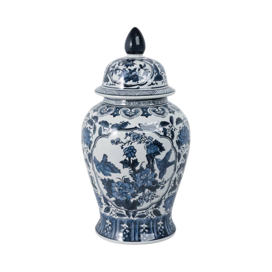 Decorative Jar - Blue Ceramic Flowers Temple Style, 19 in.