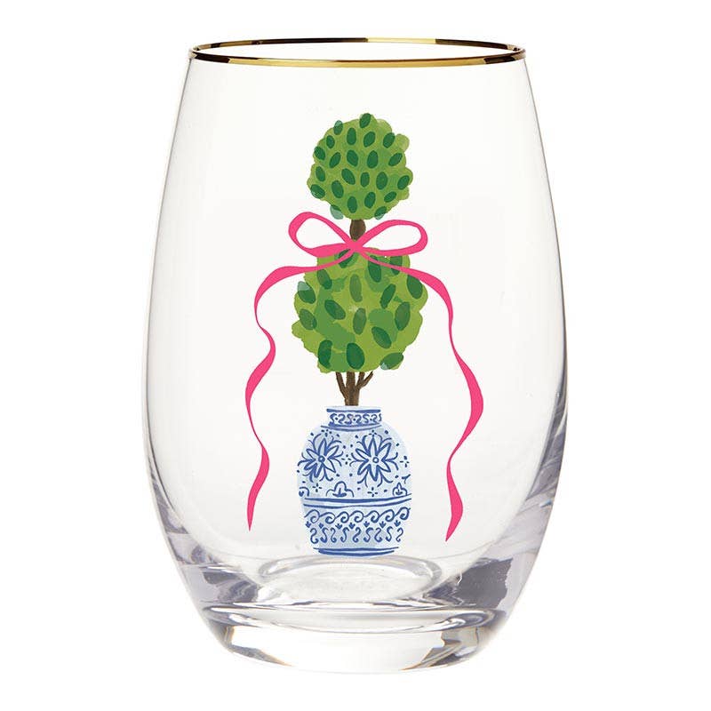 Gold Foil Stemless Wine Glass - Topiary + Pink Bows