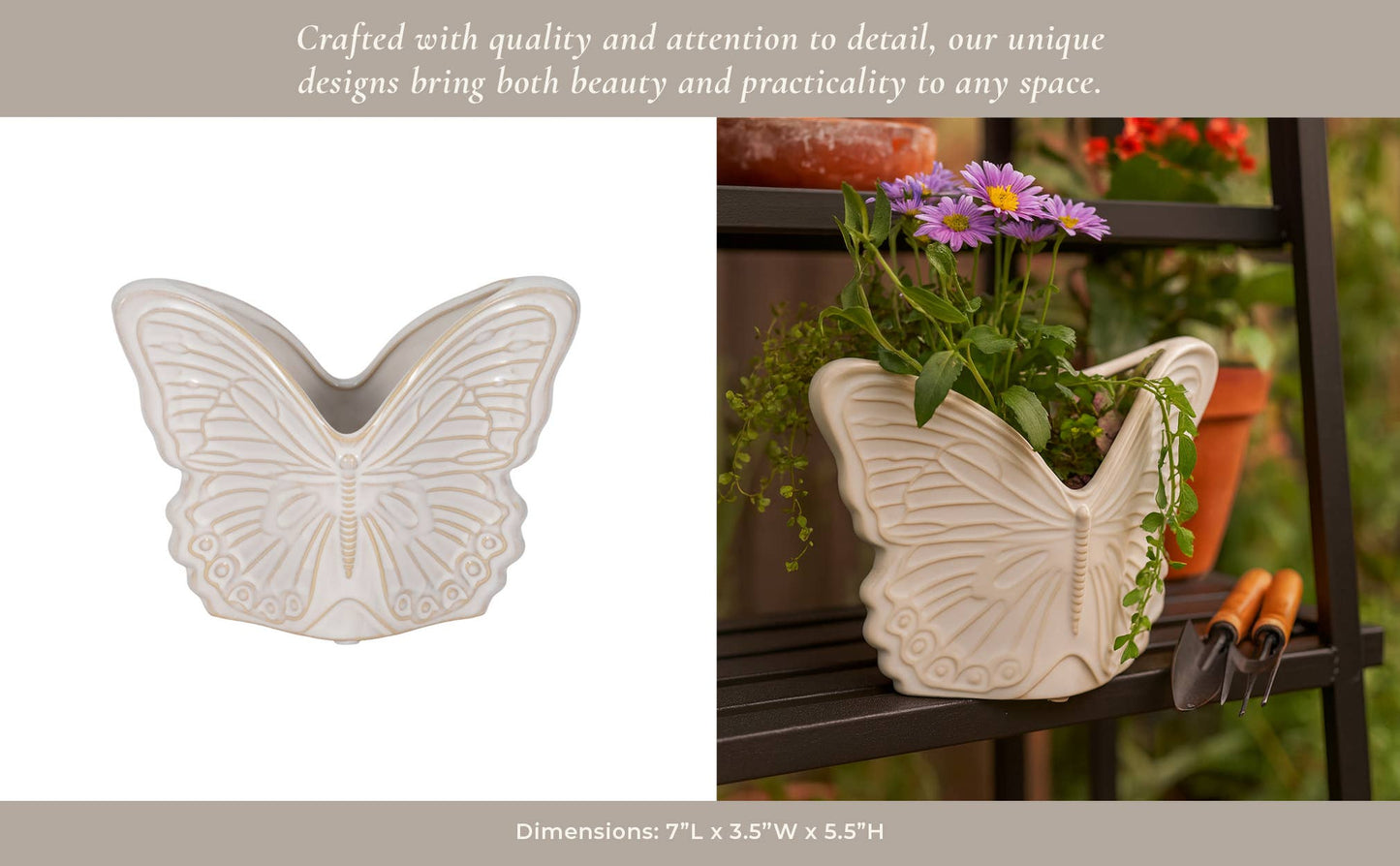 Plant Pot - Ivory Ceramic Sculpted Butterfly Swings, 7 in.