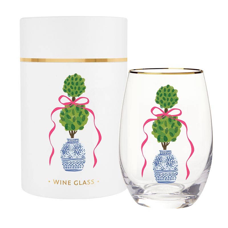 Gold Foil Stemless Wine Glass - Topiary + Pink Bows