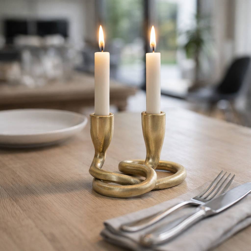 Candle Holder - Gold Metal Knotted 2-Taper, 6 in.