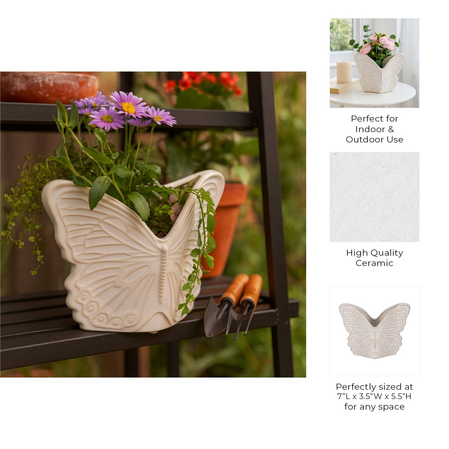 Plant Pot - Ivory Ceramic Sculpted Butterfly Swings, 7 in.