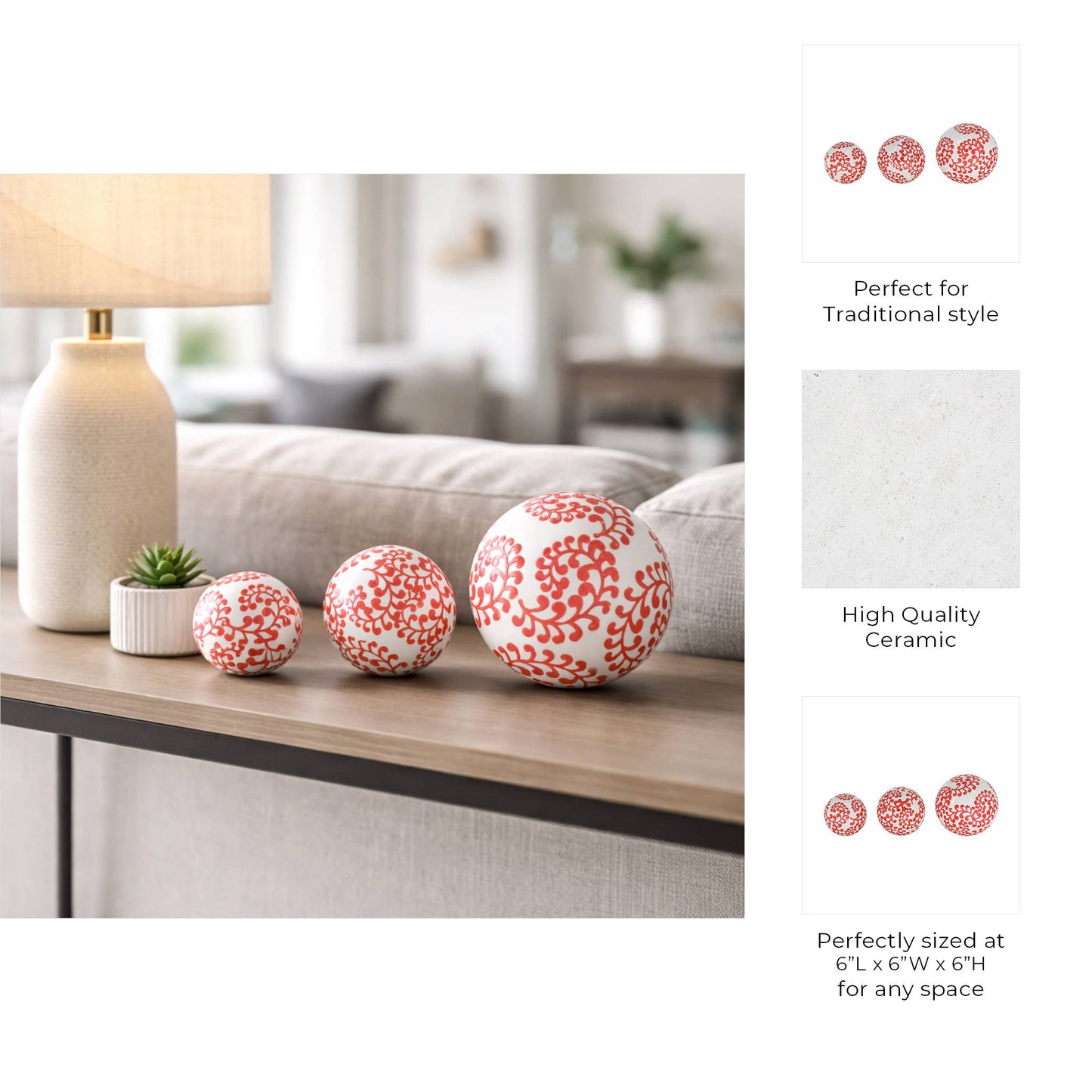 Ceramic Traditional Artistic Design Orb Set - Red, 4/5/6 in.