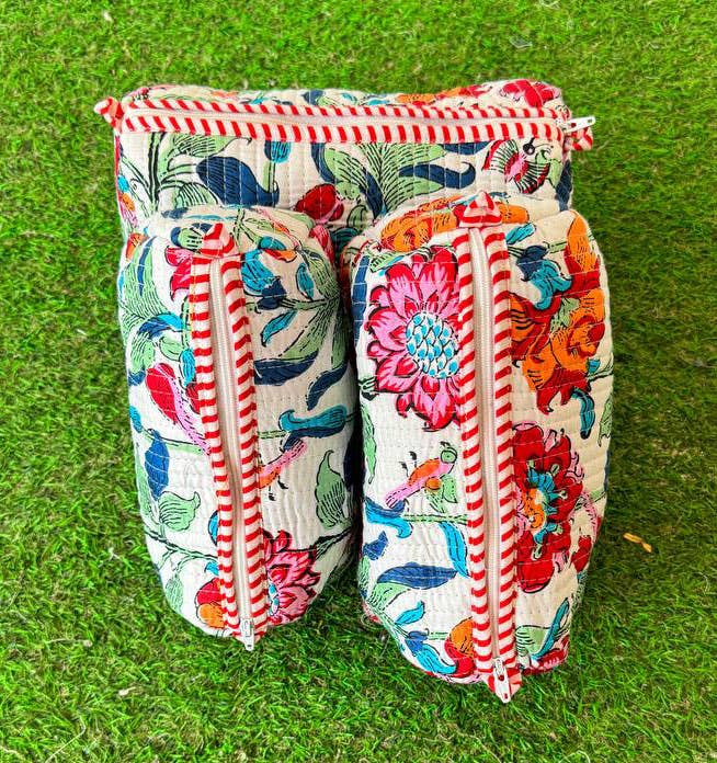 Quilted Cosmetic Bag Floral Printed Bag Cotton Bags Pink