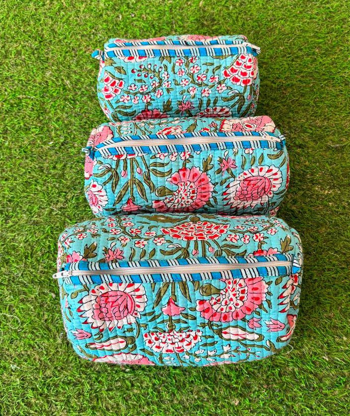 Quilted Cosmetic Bag Floral Printed Bag Cotton Bags Teal
