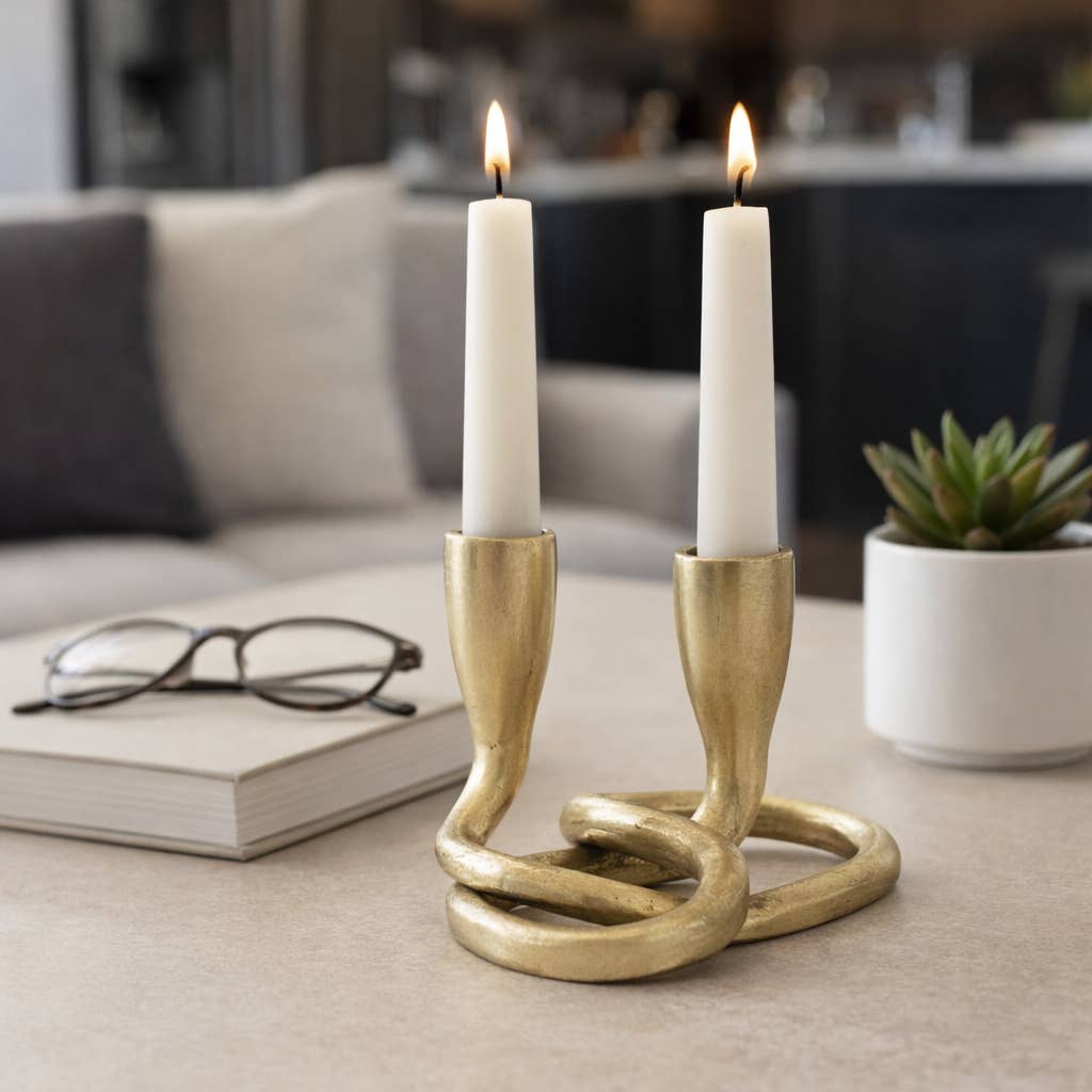 Candle Holder - Gold Metal Knotted 2-Taper, 6 in.