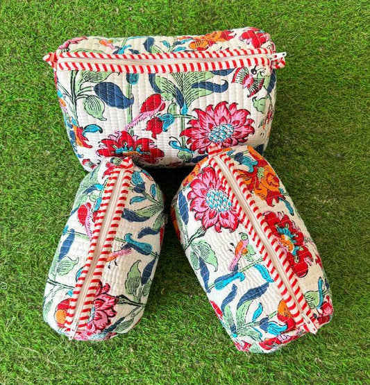 Quilted Cosmetic Bag Floral Printed Bag Cotton Bags Pink