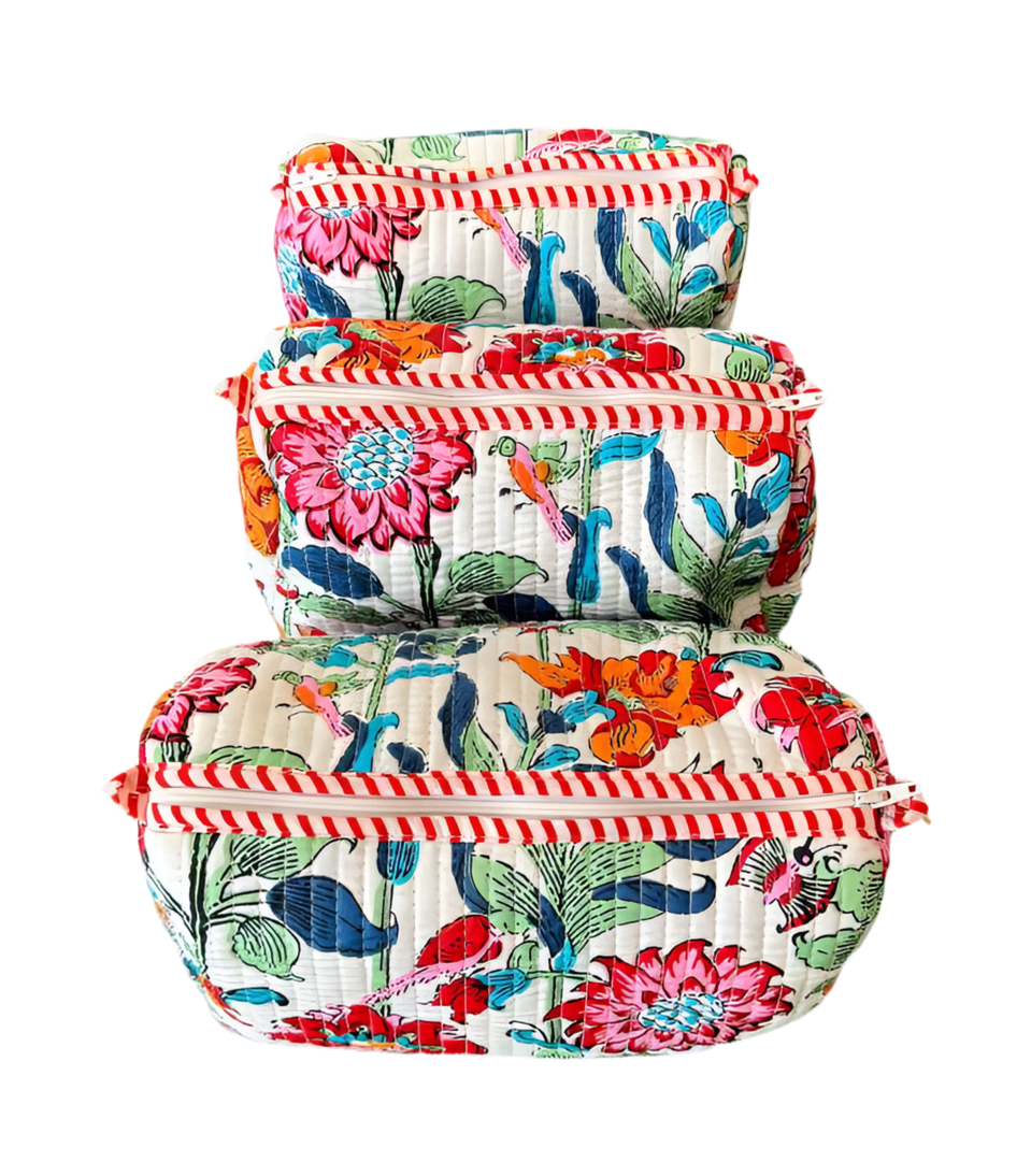 Quilted Cosmetic Bag Floral Printed Bag Cotton Bags Pink