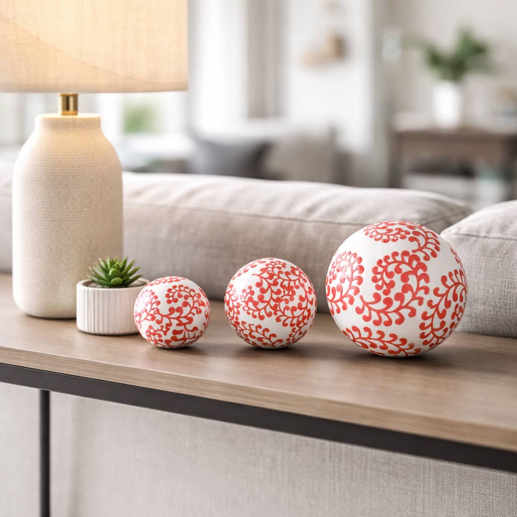 Ceramic Traditional Artistic Design Orb Set - Red, 4/5/6 in.