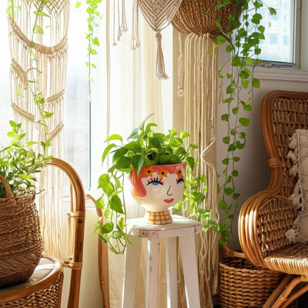 Plant Pot - Pink Ceramic Frida Face Pretty Eyelash, 7 in.