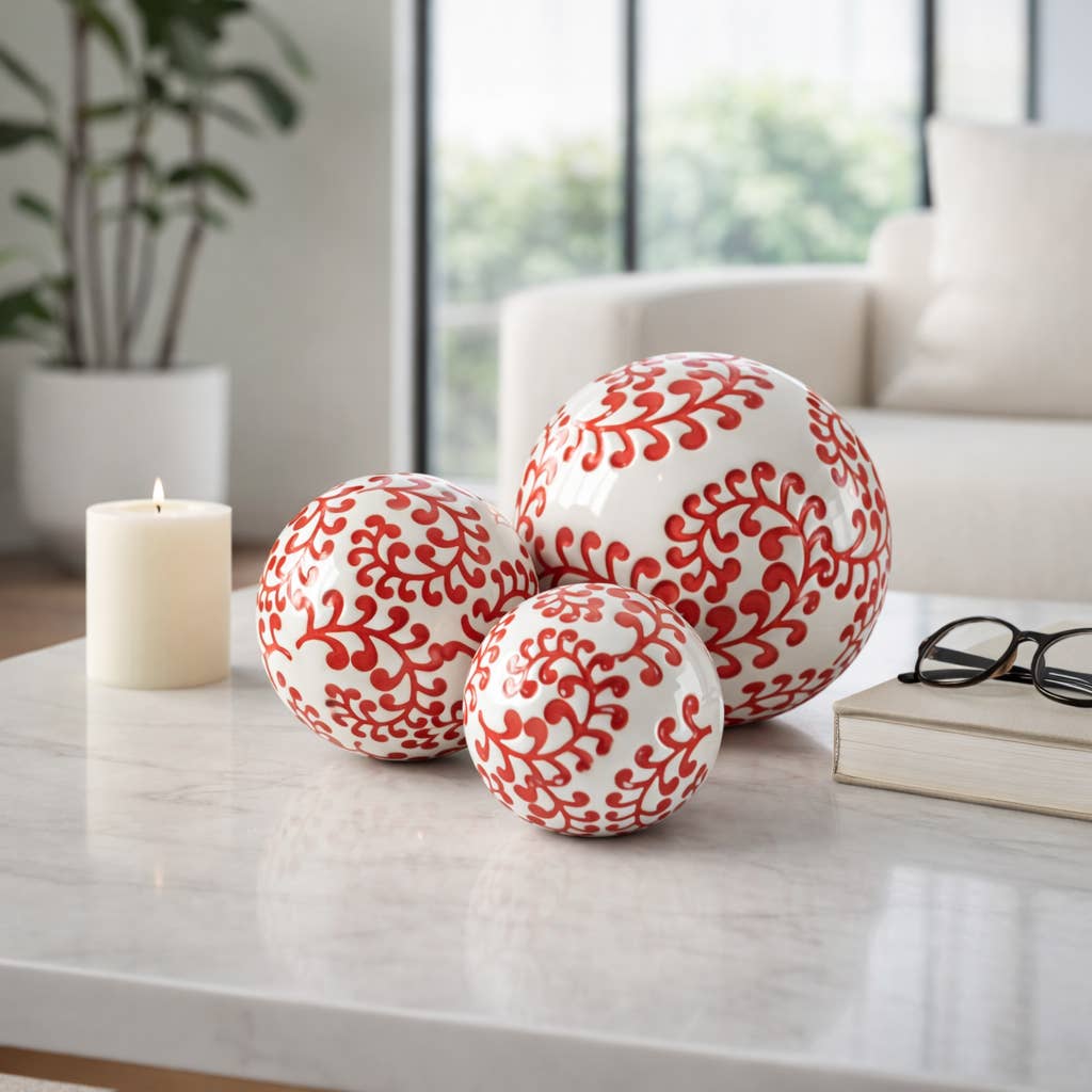 Ceramic Traditional Artistic Design Orb Set - Red, 4/5/6 in.