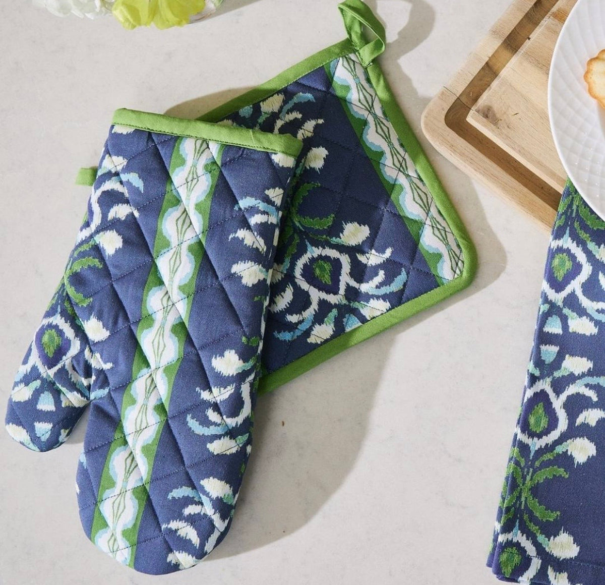 Rosemary Stripe Indigo Oven Mitt and Pot Holder Set