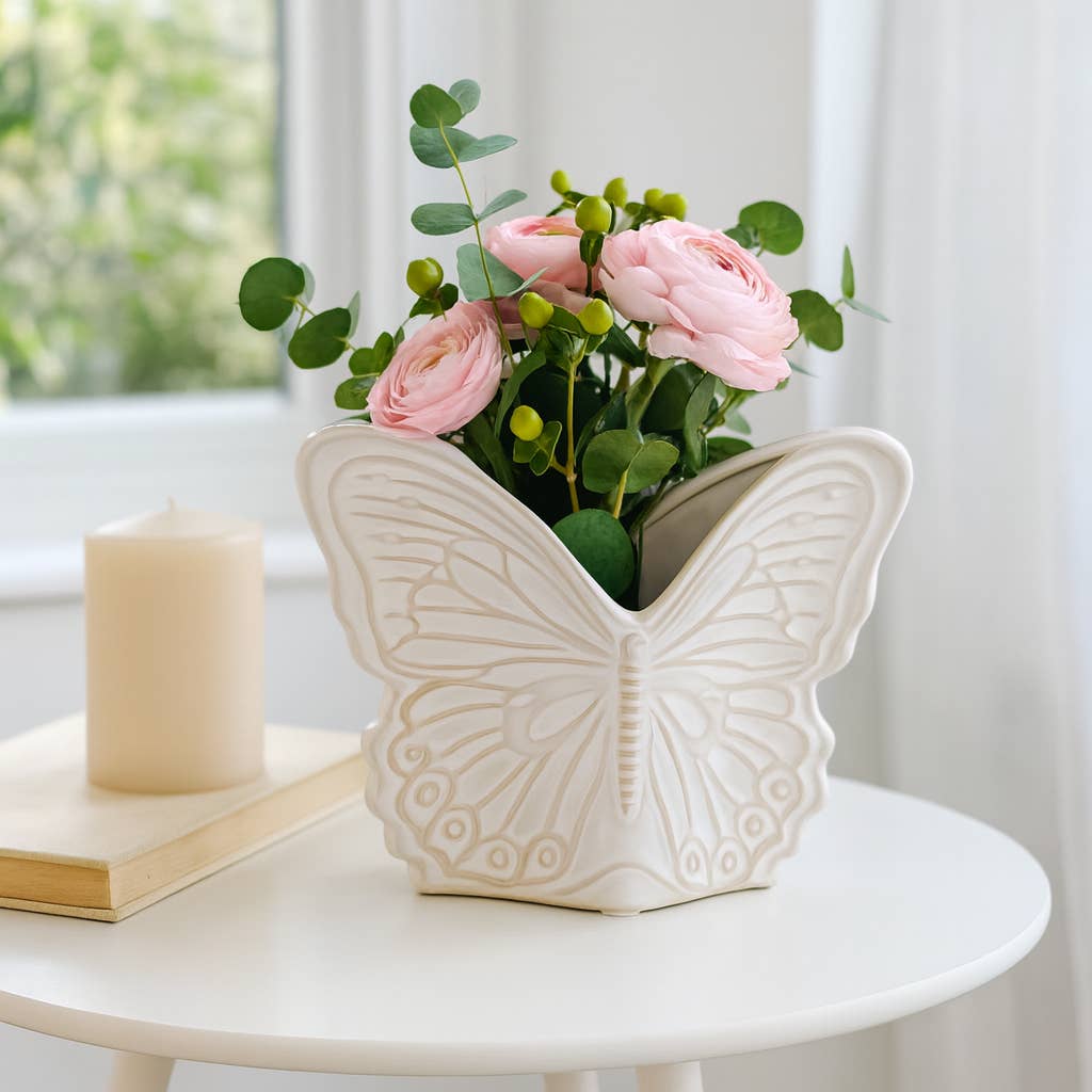 Plant Pot - Ivory Ceramic Sculpted Butterfly Swings, 7 in.