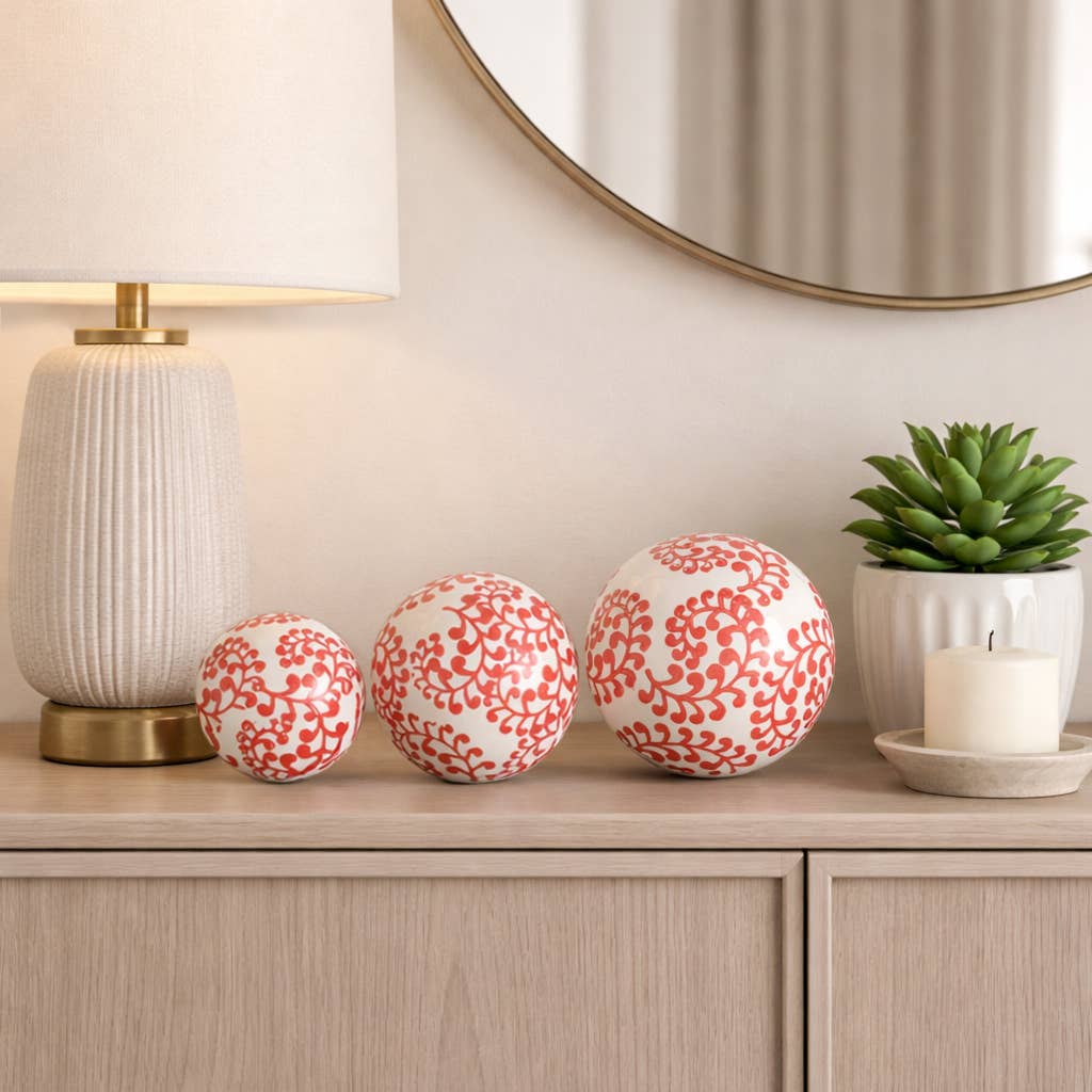 Ceramic Traditional Artistic Design Orb Set - Red, 4/5/6 in.
