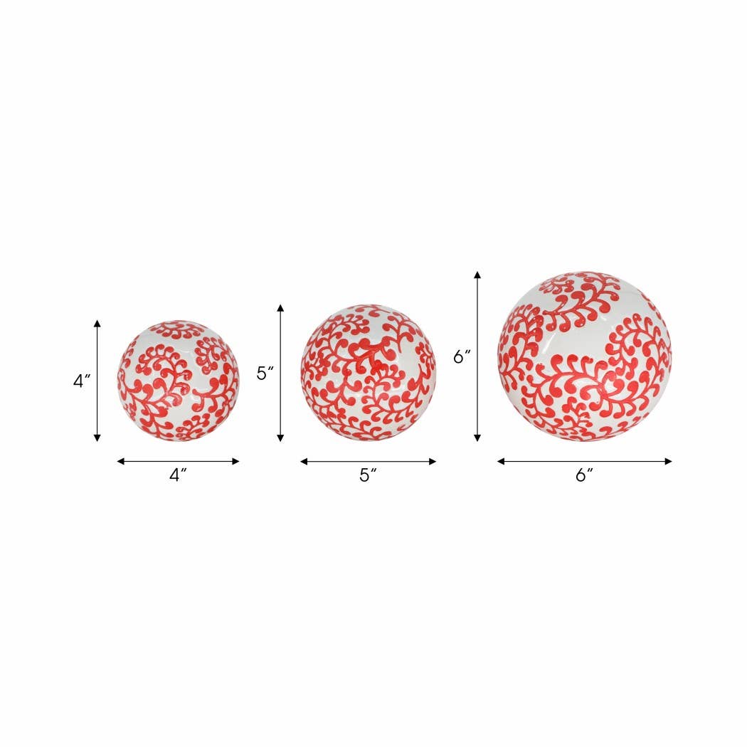 Ceramic Traditional Artistic Design Orb Set - Red, 4/5/6 in.