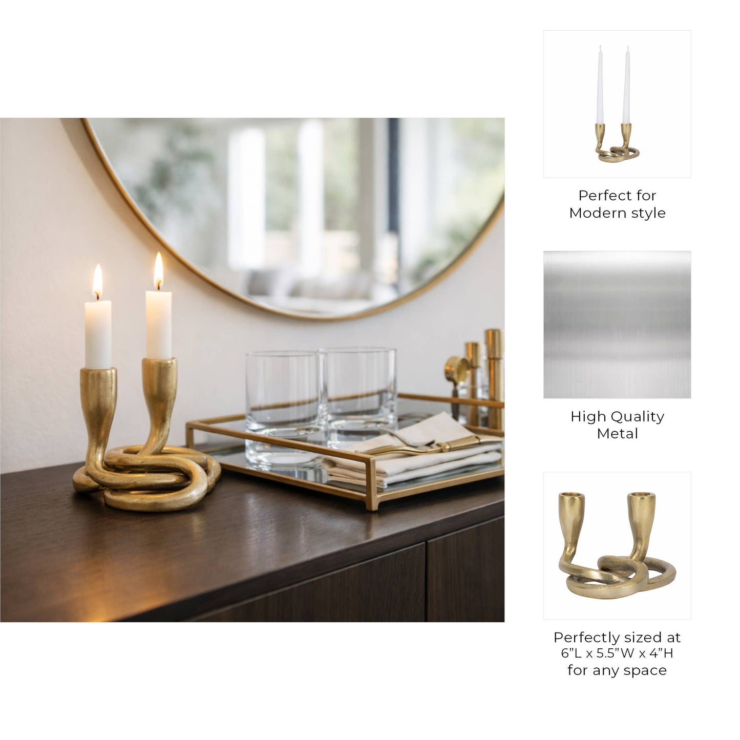 Candle Holder - Gold Metal Knotted 2-Taper, 6 in.