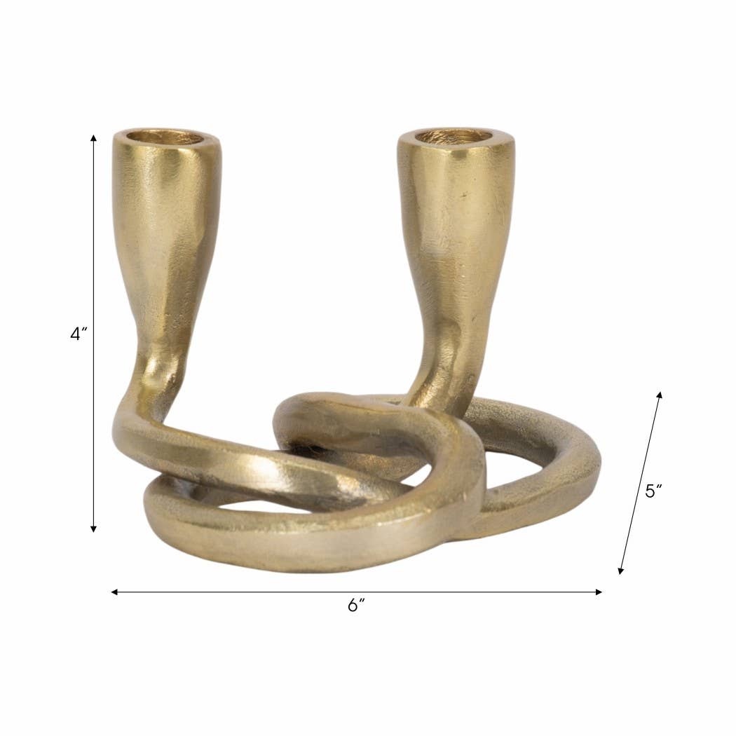 Candle Holder - Gold Metal Knotted 2-Taper, 6 in.