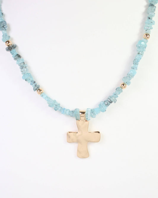 Holland Beaded Cross Necklace Aqua