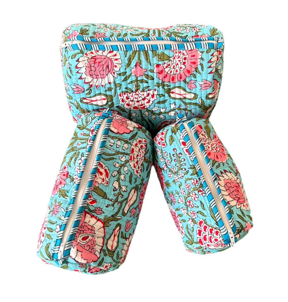 Quilted Cosmetic Bag Floral Printed Bag Cotton Bags Teal