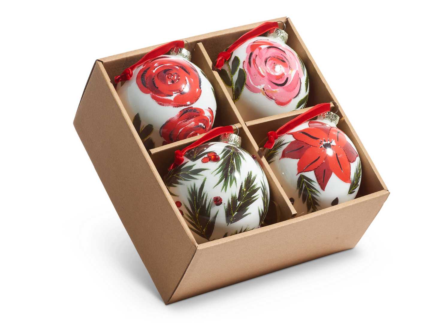 4" Box of Hand Painted Floral Ball Ornaments