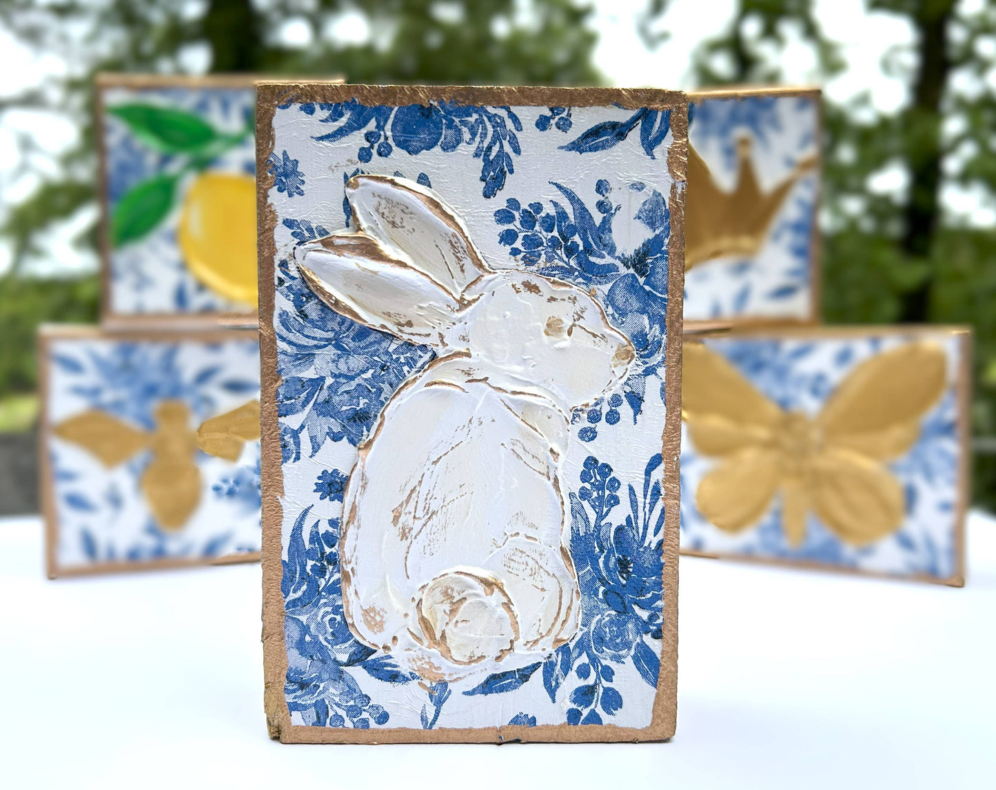 Chinoiserie Art Blocks Bunny & Butterfly botanicals blue white bridal tea