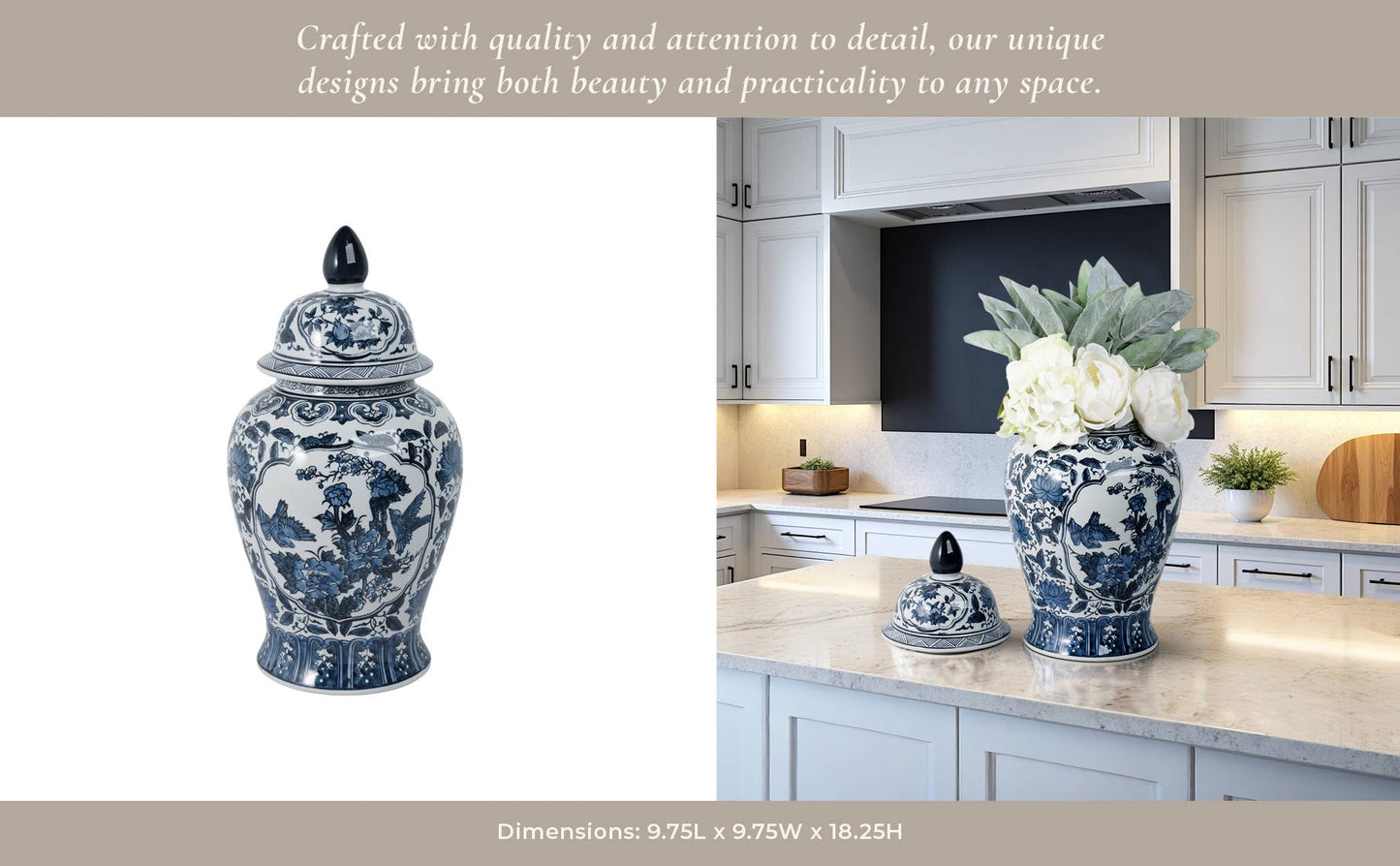 Decorative Jar - Blue Ceramic Flowers Temple Style, 19 in.
