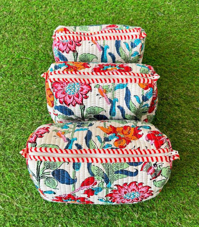 Quilted Cosmetic Bag Floral Printed Bag Cotton Bags Pink