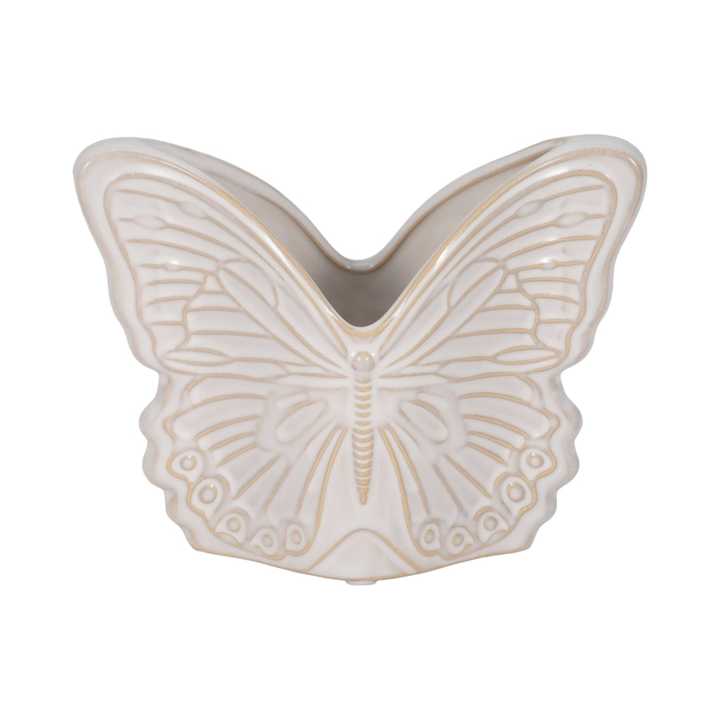 Plant Pot - Ivory Ceramic Sculpted Butterfly Swings, 7 in.