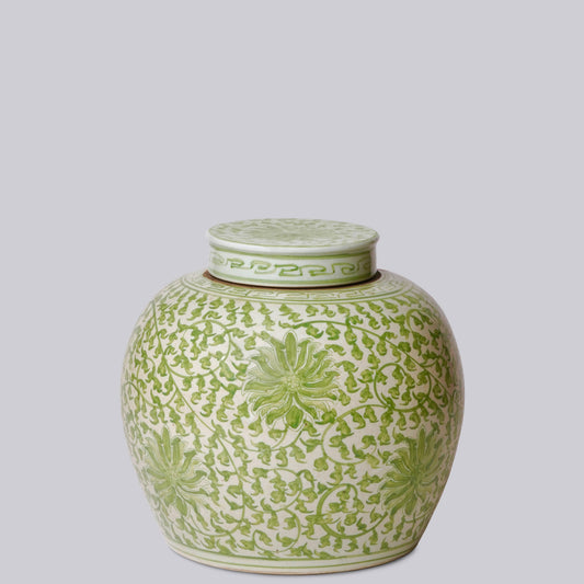 Scrolling Lotus Green and White Porcelain Jar