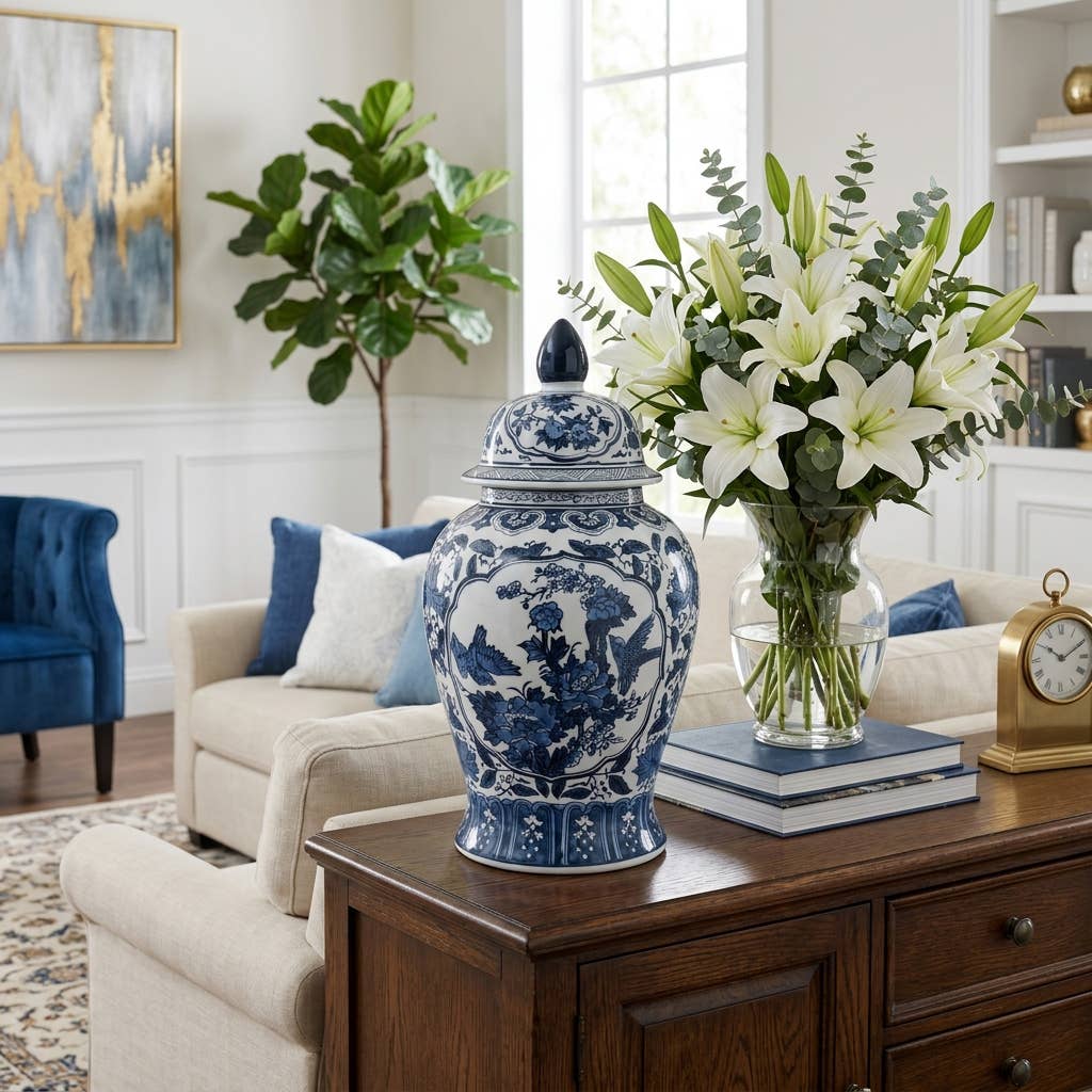 Decorative Jar - Blue Ceramic Flowers Temple Style, 19 in.