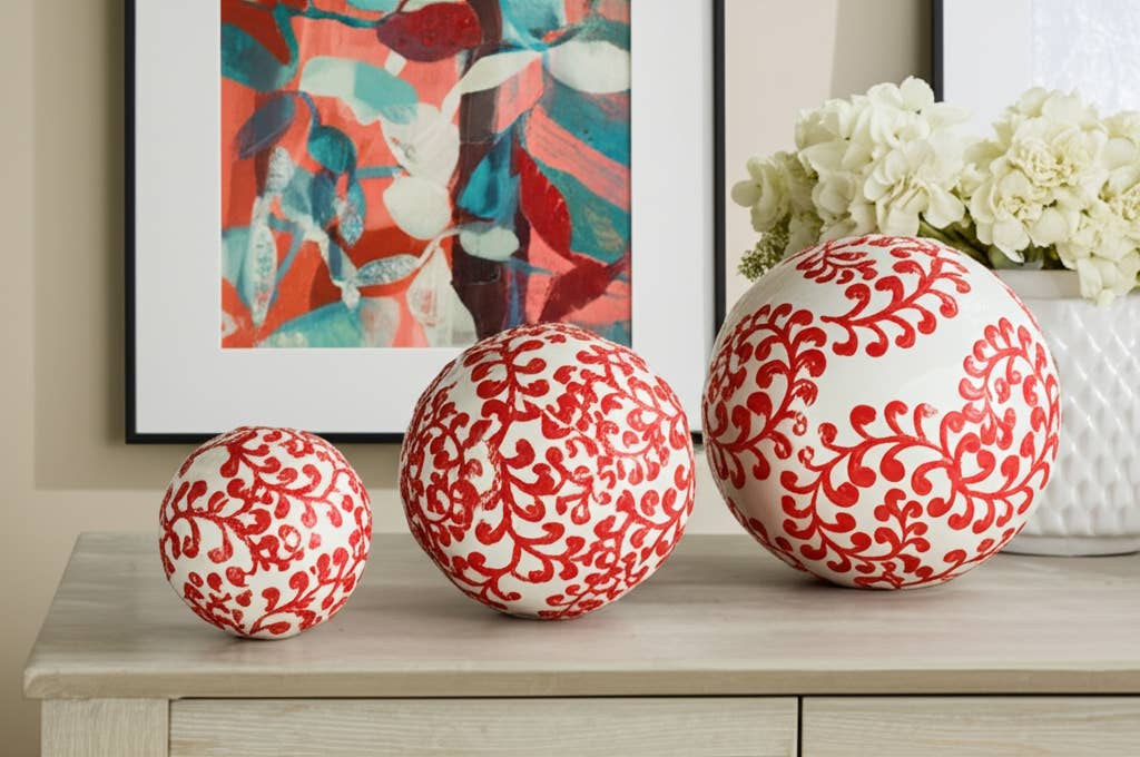 Ceramic Traditional Artistic Design Orb Set - Red, 4/5/6 in.