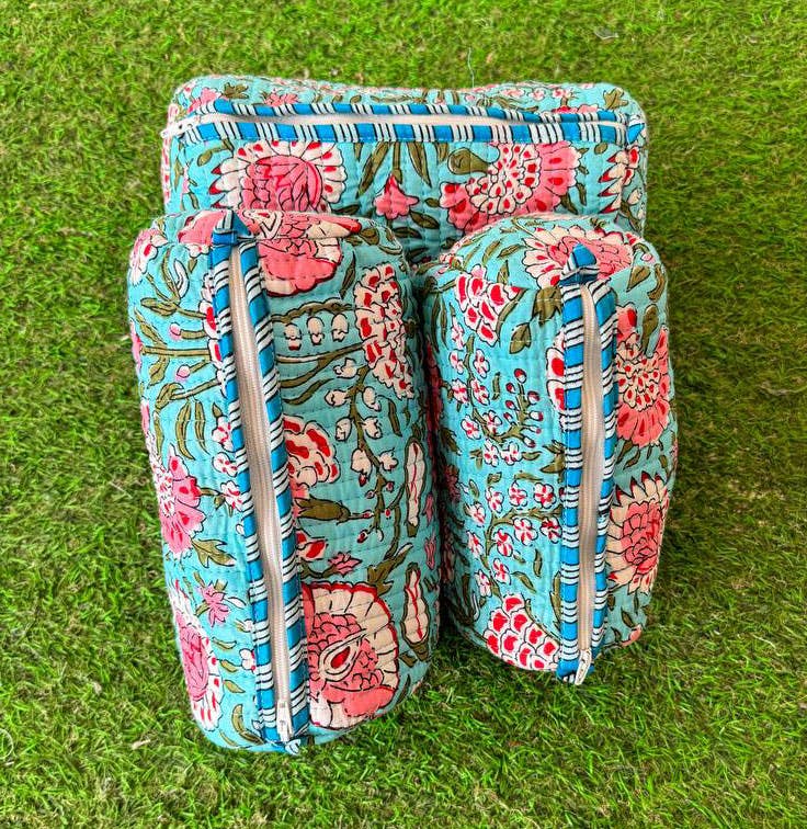 Quilted Cosmetic Bag Floral Printed Bag Cotton Bags Teal