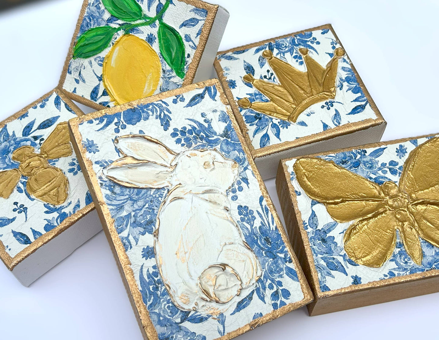 Chinoiserie Art Blocks Bunny & Butterfly botanicals blue white bridal tea