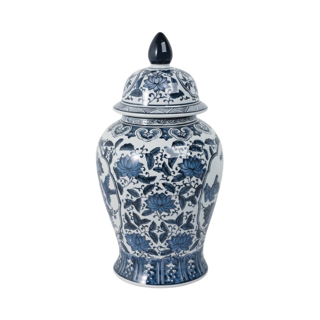 Decorative Jar - Blue Ceramic Flowers Temple Style, 19 in.